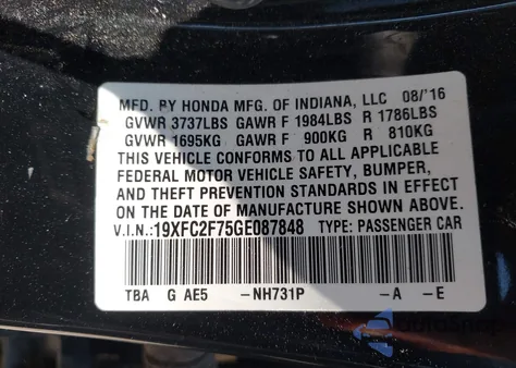 2016 Honda Civic Ex from USA, damaged, VIN 19XFC2F75GE087848